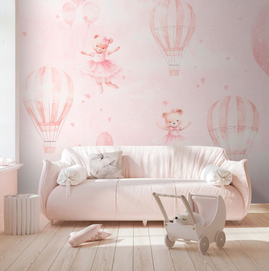 Fondo rosa con ositos de peluche y globos aerostáticos