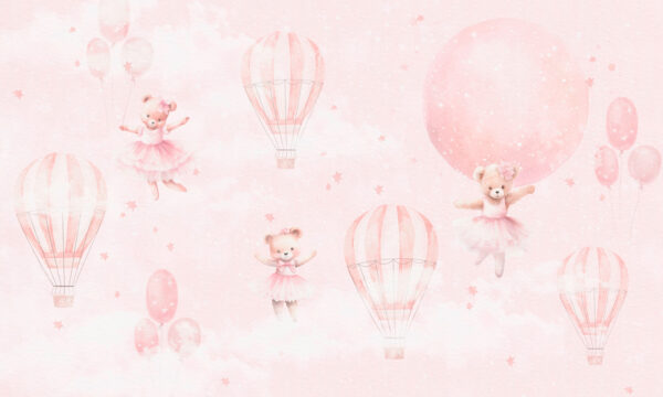 Fondo rosa con ositos de peluche y globos aerostáticos Fondo rosa con ositos de peluche y globos aerostáticos