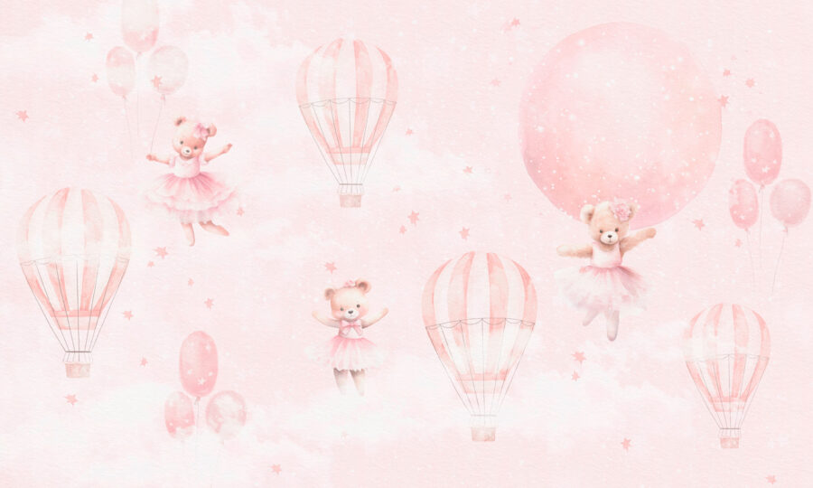 Fondo rosa con ositos de peluche y globos aerostáticos