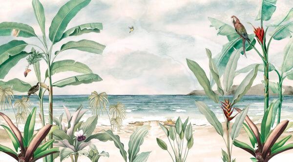 Un cuadro de una playa con plantas y un pájaro volando Un cuadro de una playa con plantas y un pájaro volando
