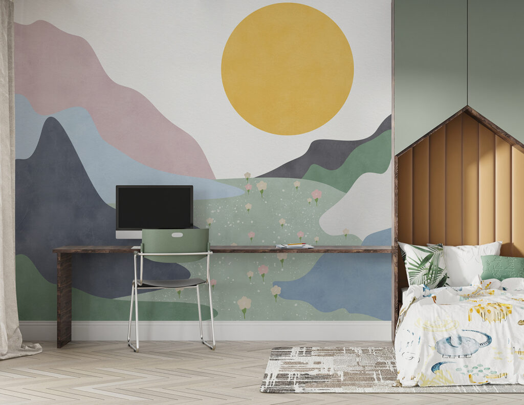 A landscape with mountains and flowers