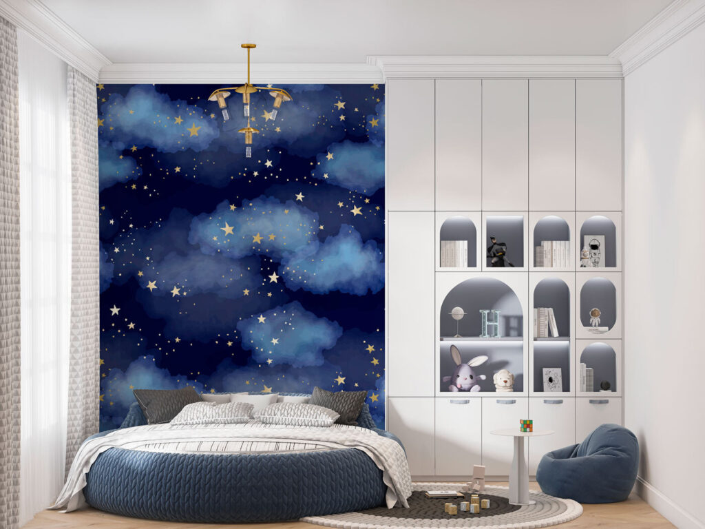 A blue sky with clouds and stars