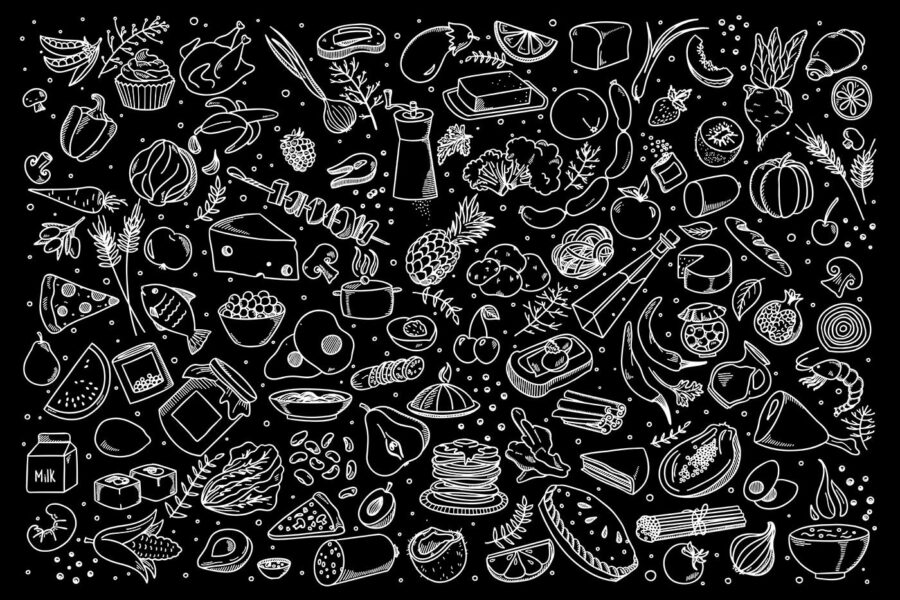 Un dibujo de comida en blanco y negro