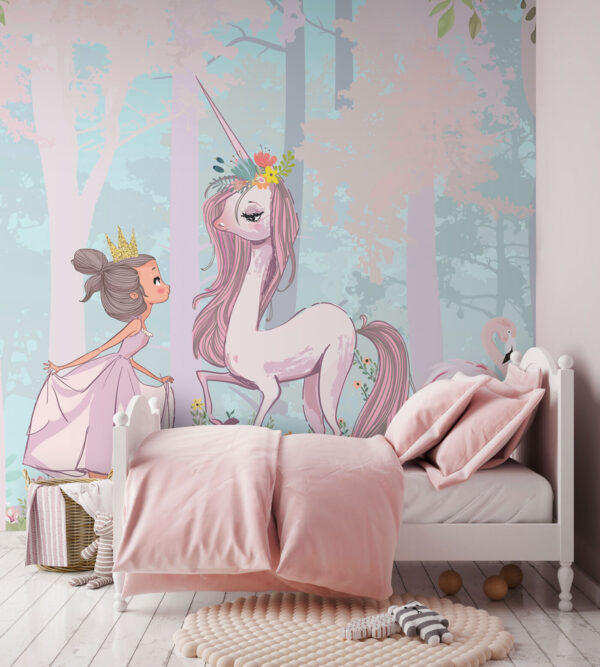 Dibujo animado de una niña y un unicornio en un bosque Dibujo animado de una niña y un unicornio en un bosque
