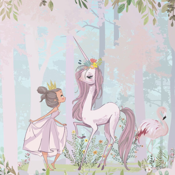 Dibujo animado de una niña y un unicornio en un bosque Dibujo animado de una niña y un unicornio en un bosque