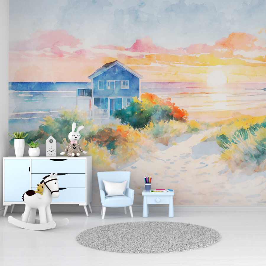 Acuarela de una casa y una playa