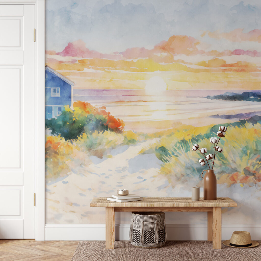 Watercolor painting of a house and a beach