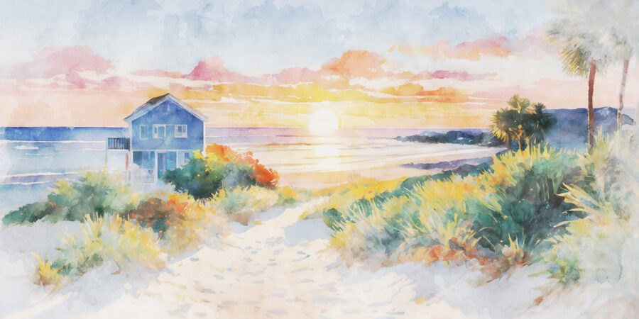 Acuarela de una casa y una playa