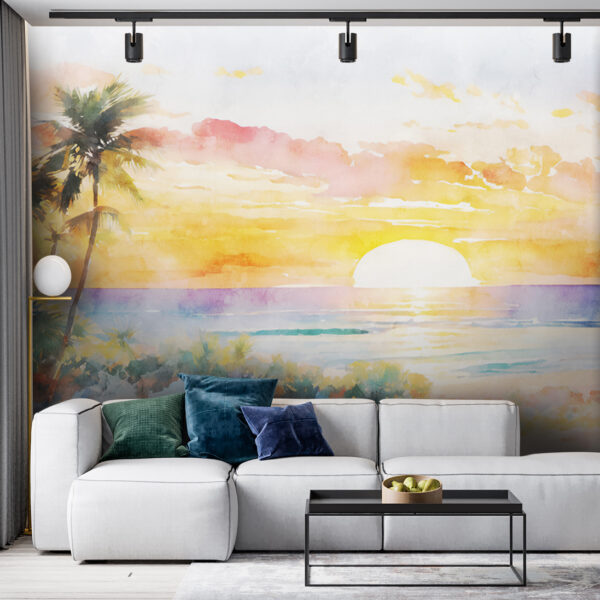 Fotomurales Fotomurales Acuarela de una playa con palmeras y una puesta de sol (SKU: u97312)