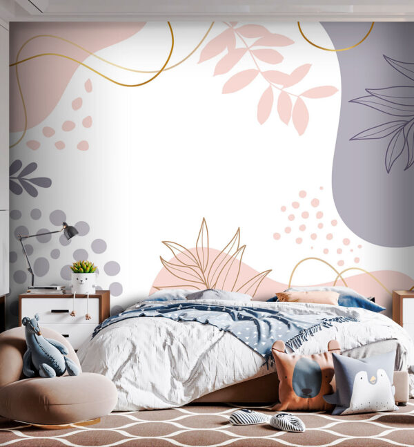 Fondo blanco con formas y hojas rosas y azules y moradas Fondo blanco con formas y hojas rosas y azules y moradas