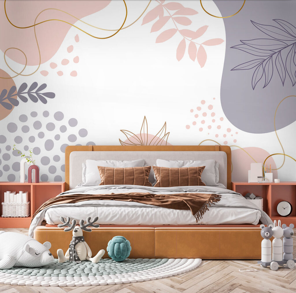 White background with pink and blue and purple shapes and leaves White background with pink and blue and purple shapes and leaves