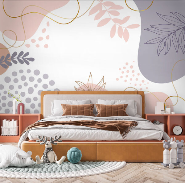 Fondo blanco con formas y hojas rosas y azules y moradas Fondo blanco con formas y hojas rosas y azules y moradas