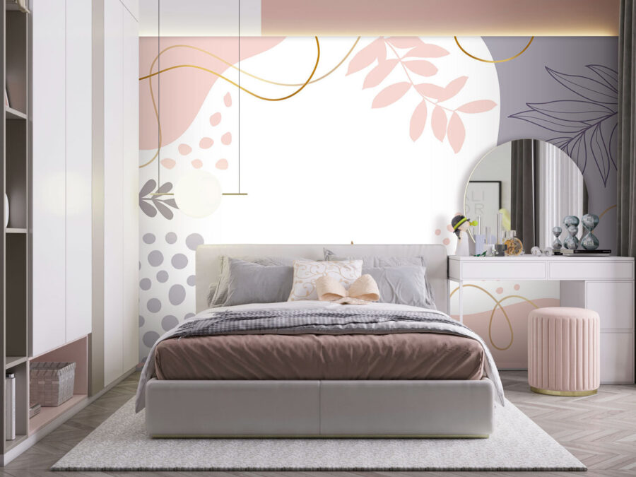 Fondo blanco con formas y hojas rosas y azules y moradas