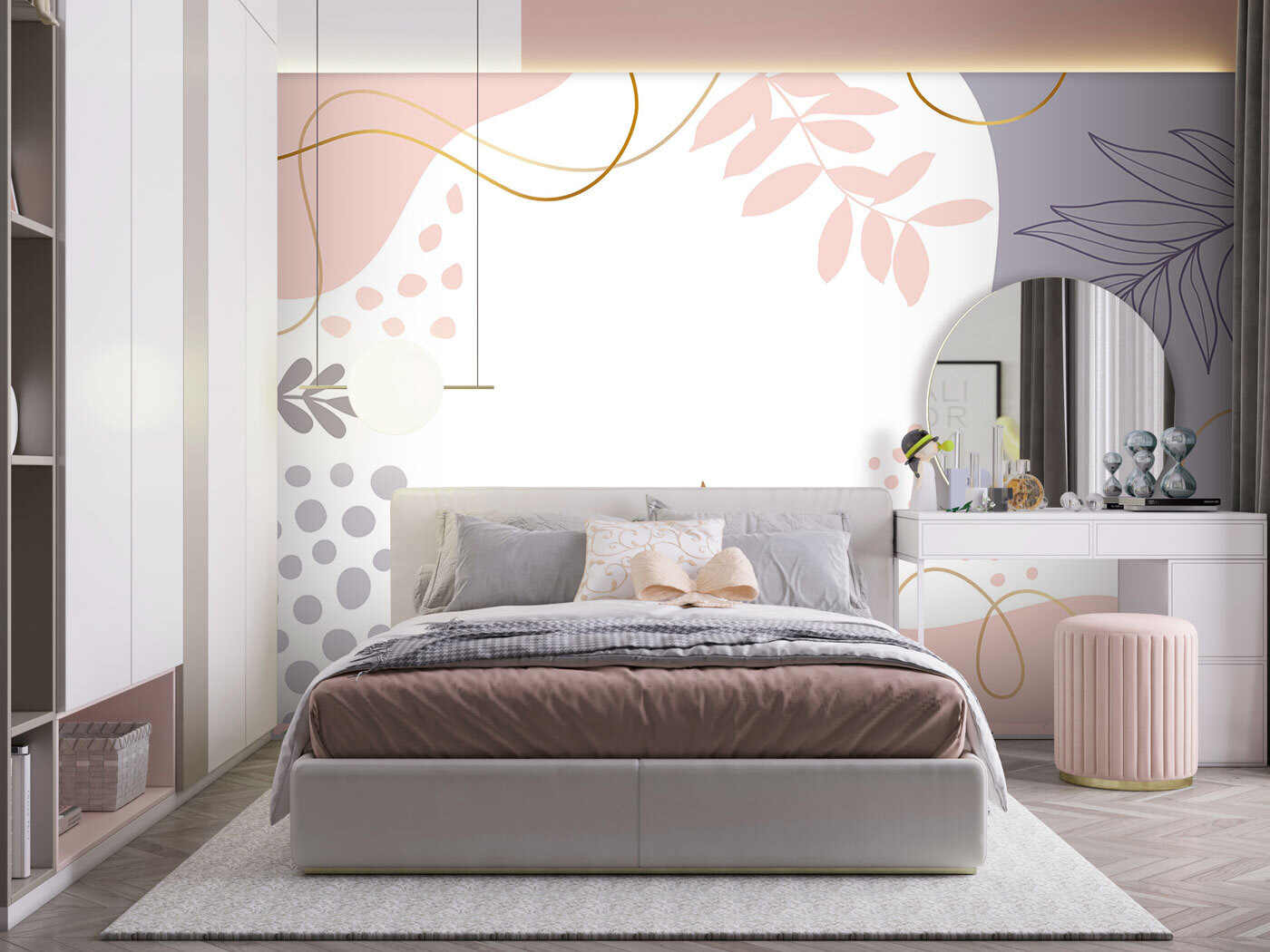 White background with pink and blue and purple shapes and leaves White background with pink and blue and purple shapes and leaves