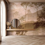 Fotomurales Paisaje brumoso con árboles y colinas