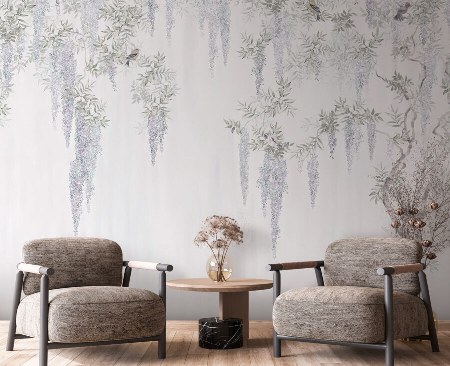 Papel pintado con flores y pájaros