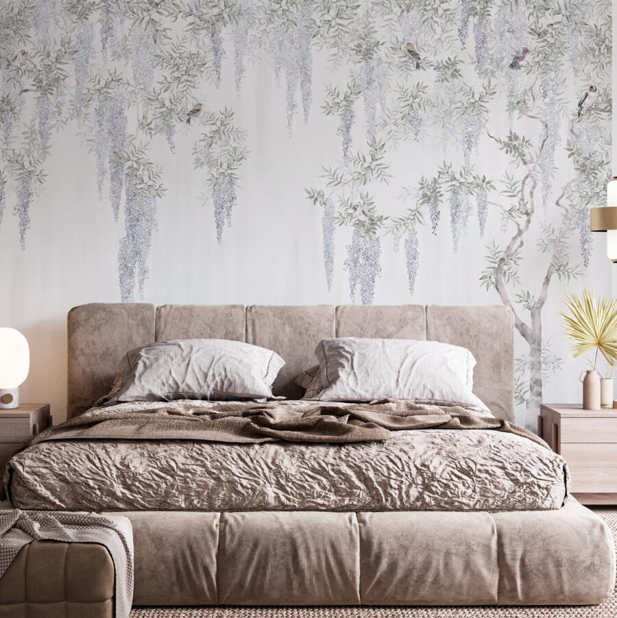 Papel pintado con flores y pájaros