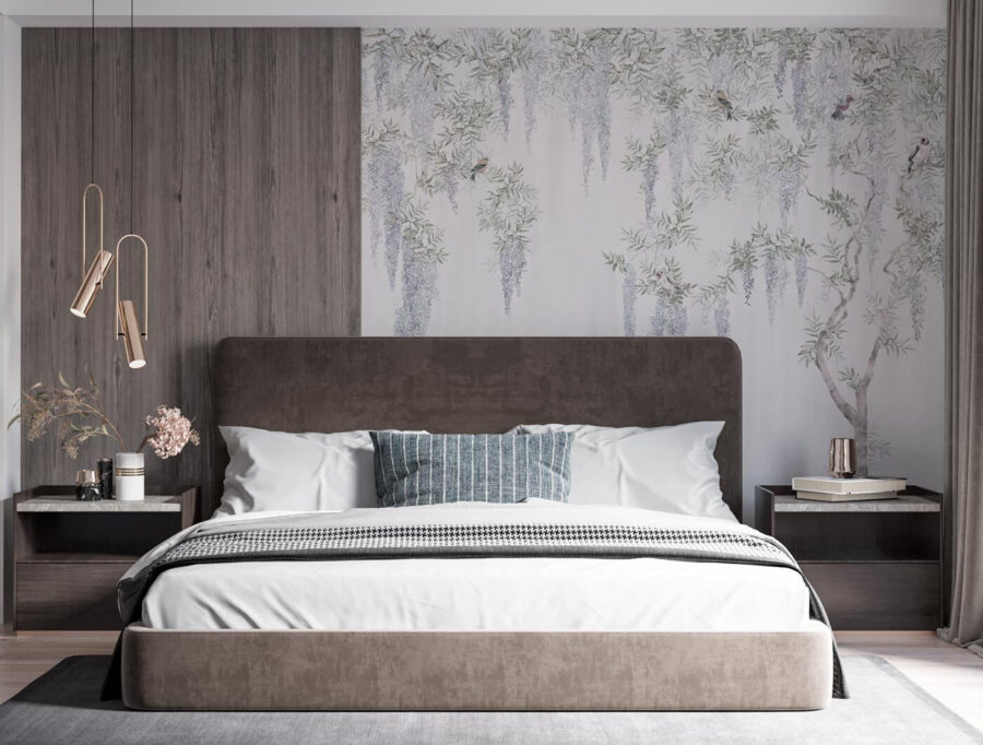 Papel pintado con flores y pájaros