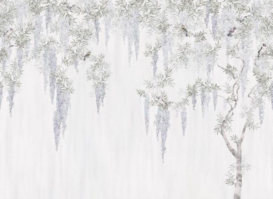 Papel pintado con flores y pájaros