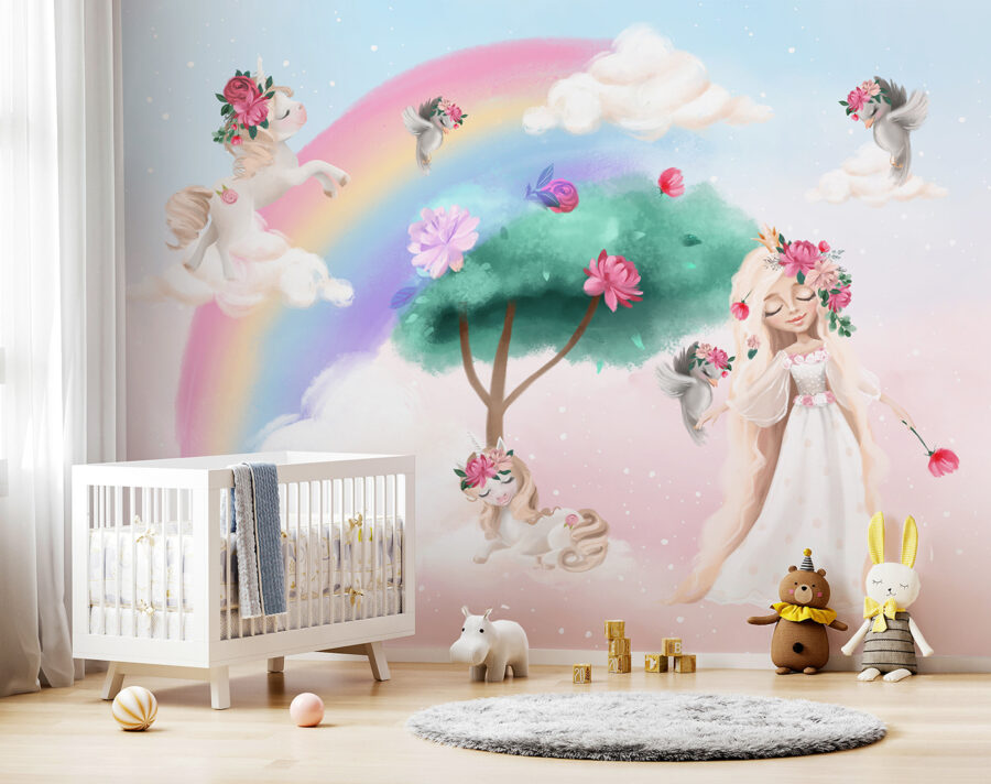 Dibujo animado de una niña con flores en el pelo y un arco iris