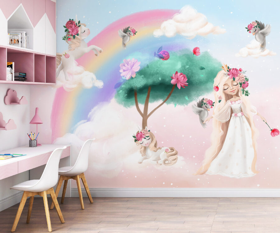 Dibujo animado de una niña con flores en el pelo y un arco iris