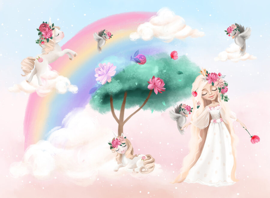 Dibujo animado de una niña con flores en el pelo y un arco iris