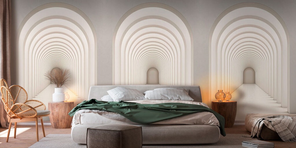 White hallway with arched windows