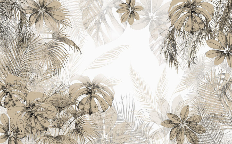 Hojas tropicales en suaves tonos neutros.