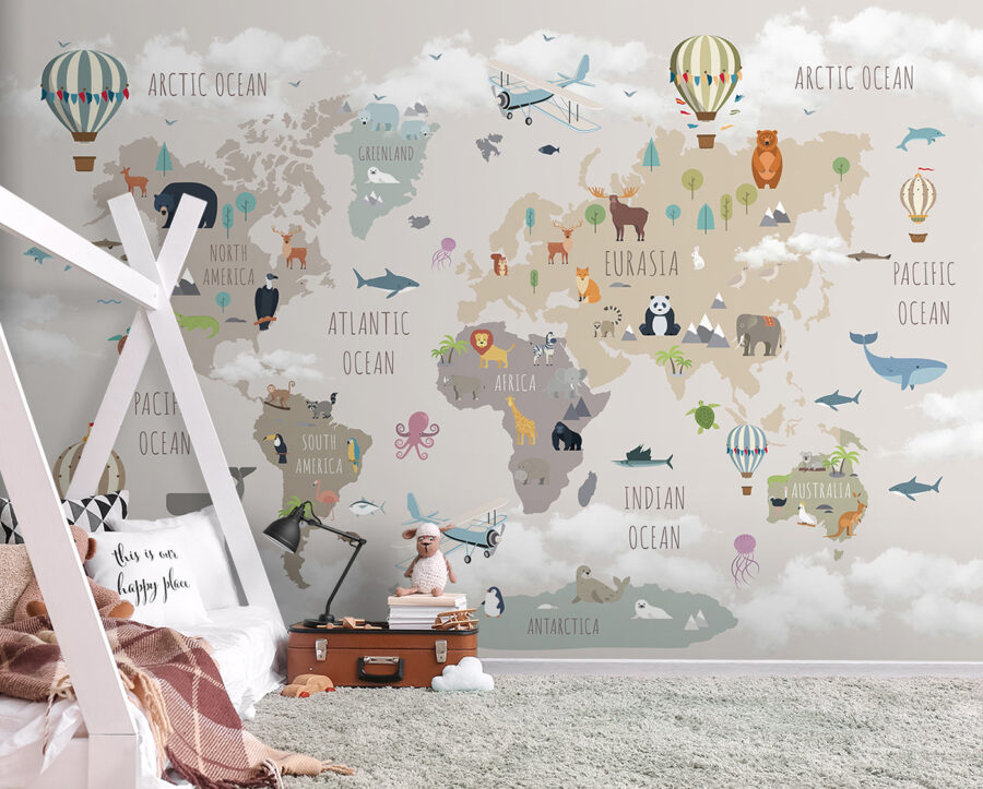 Mapa del mundo con animales y aves Mapa del mundo con animales y aves