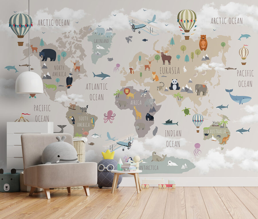 Mapa del mundo con animales y aves