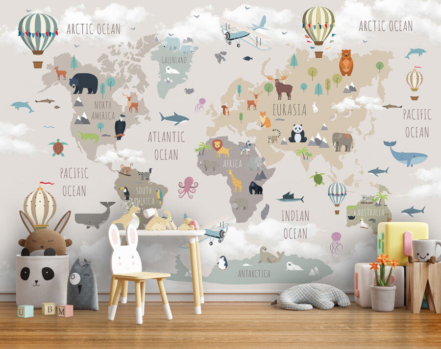 Mapa del mundo con animales y aves