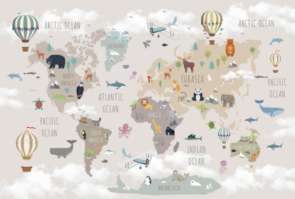 Mapa del mundo con animales y aves Mapa del mundo con animales y aves