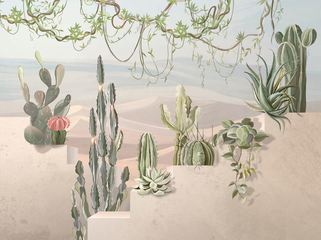 Wall mural of cacti and succulents