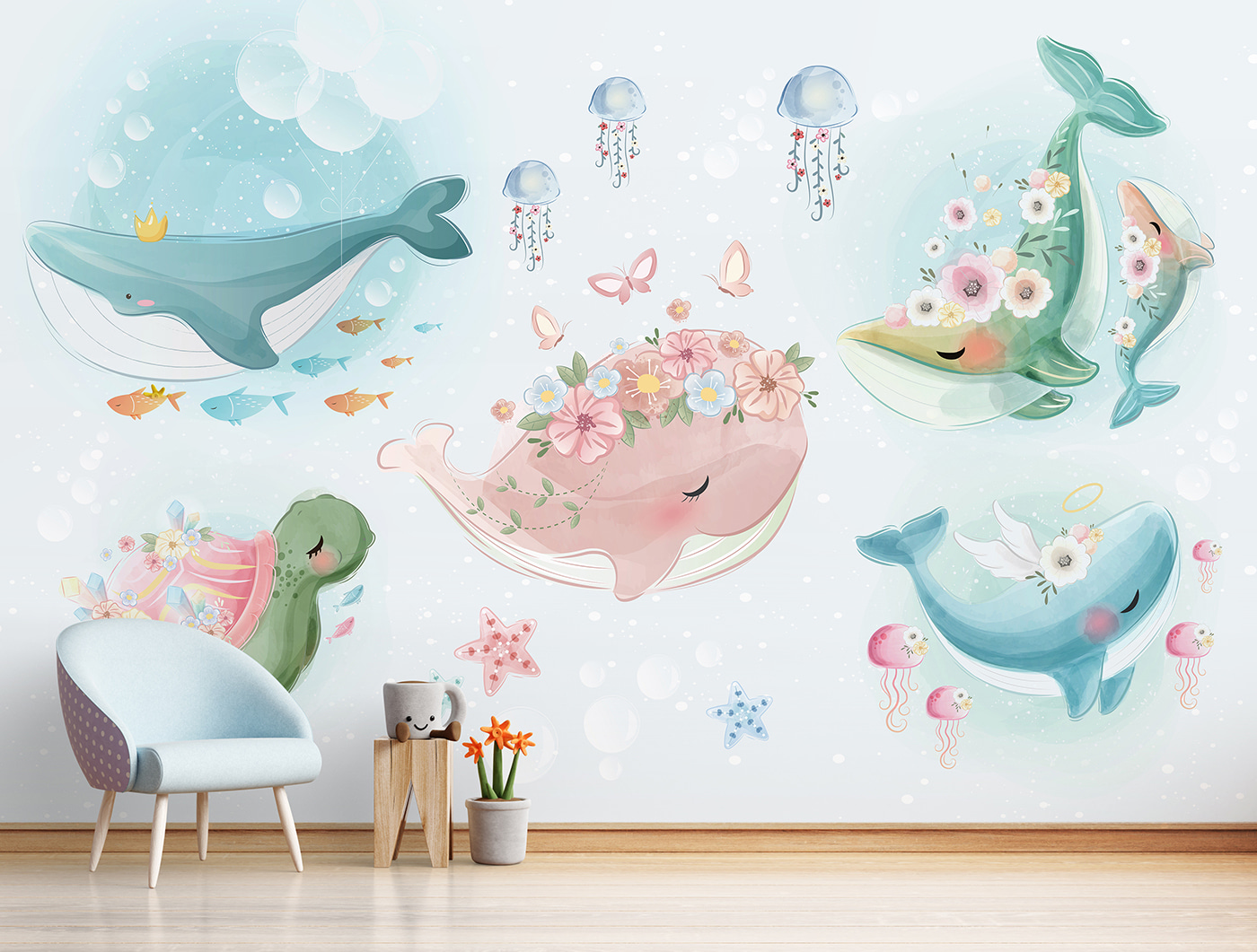 Group of cartoon whales