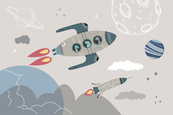 Cohete de dibujos animados y cohetes en el cielo Cohete de dibujos animados y cohetes en el cielo