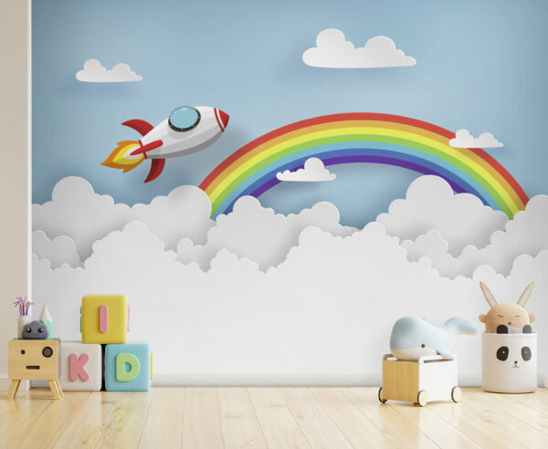 Cohete volando en el cielo con nubes y arco iris Cohete volando en el cielo con nubes y arco iris