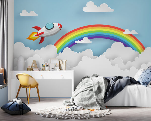 Cohete volando en el cielo con nubes y arco iris Cohete volando en el cielo con nubes y arco iris