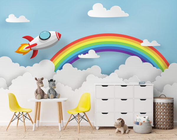 Cohete volando en el cielo con nubes y arco iris Cohete volando en el cielo con nubes y arco iris
