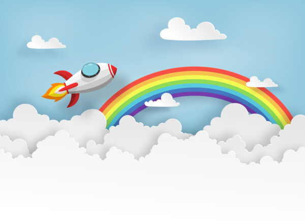Cohete volando en el cielo con nubes y arco iris Cohete volando en el cielo con nubes y arco iris