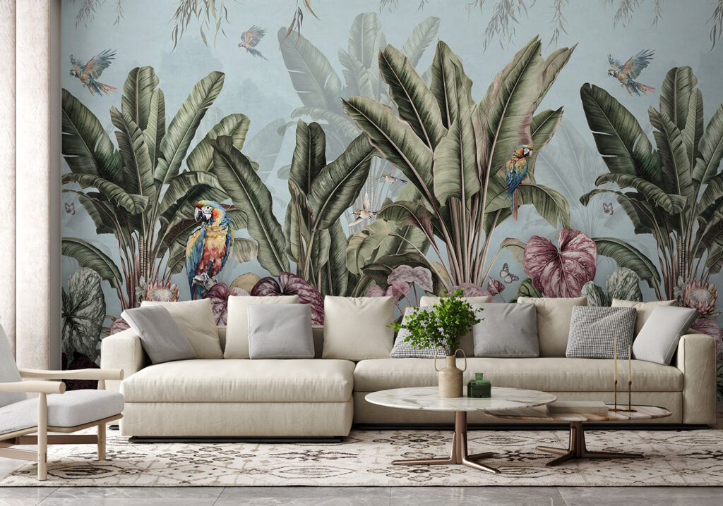 u96259pig2 1024x718 - Papel pintado con plantas y pájaros tropicales - tegory