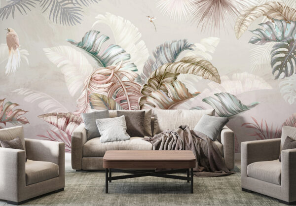 Tropical foliage with delicate birds