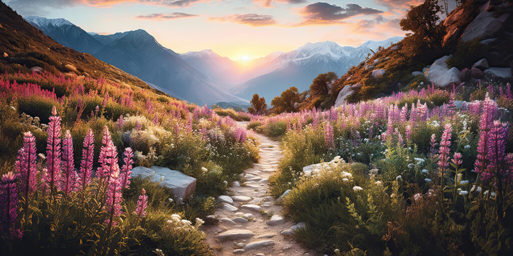 Sendero por una montaña con flores Sendero por una montaña con flores