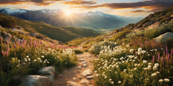 Camino a través de un valle con flores y montañas al fondo Camino a través de un valle con flores y montañas al fondo