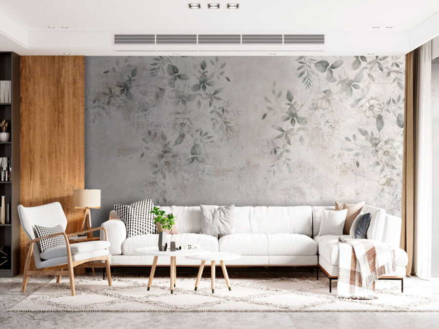 Pared blanca con hojas y flores