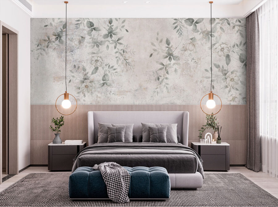 Pared blanca con hojas y flores