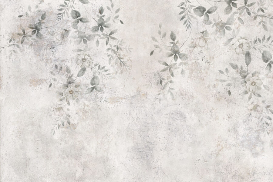 Pared blanca con hojas y flores