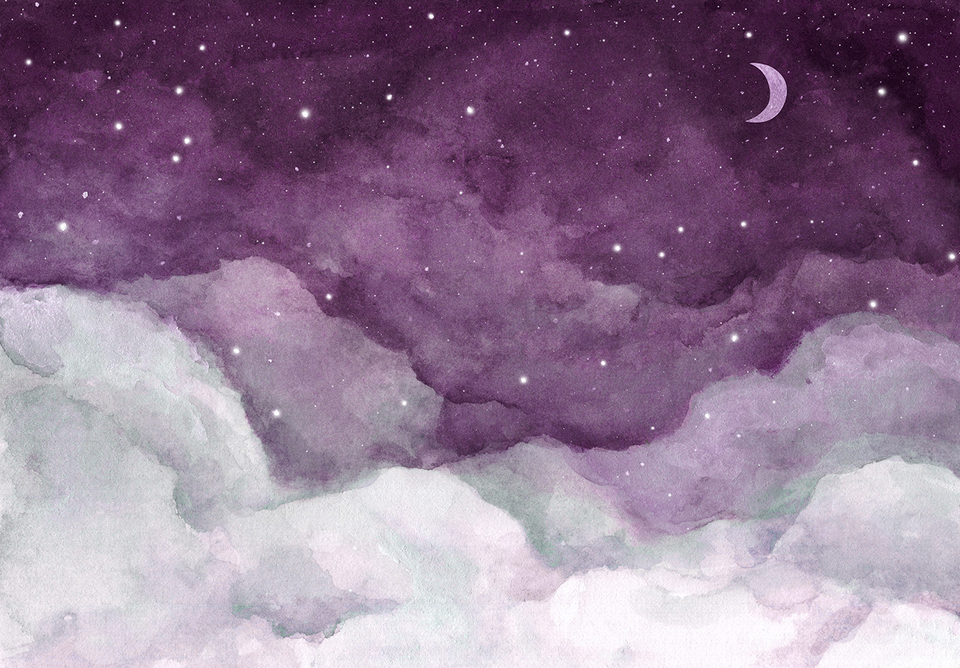 A purple sky with clouds and stars