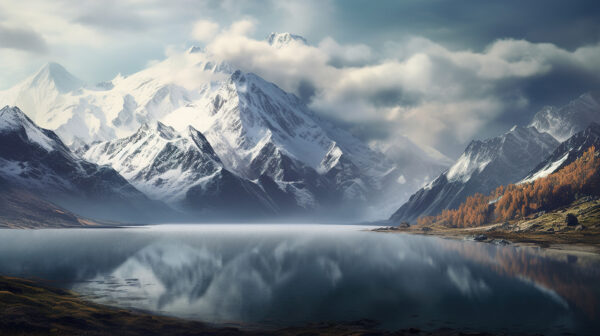 Lago con montañas nevadas y nubes Lago con montañas nevadas y nubes