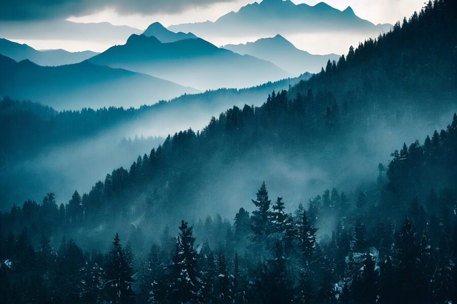 Cordillera con árboles y niebla