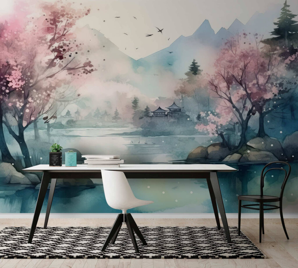 Watercolor painting of a lake with trees and mountains Watercolor painting of a lake with trees and mountains